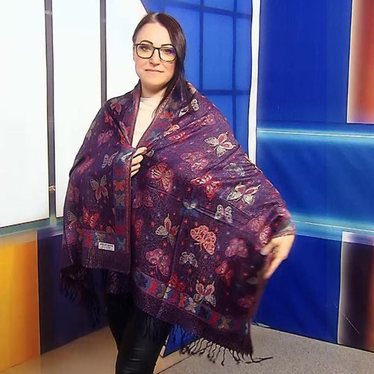 Bufanda de cachemira 100% pashmina auténtica, 70 cm x 170 cm, estampado de mariposas azul marino brillante