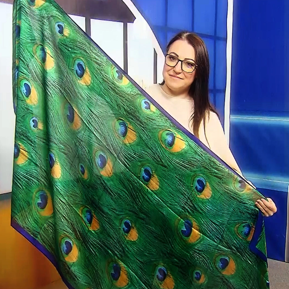 Pañuelo de seda, 90 cm x 180 cm, estampado de plumas de pavo real, verde 3 