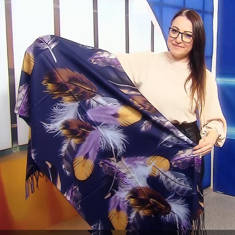 Bufanda de lana, 70 cm x 180 cm, estampado de plumas grandes, azul marino 1 