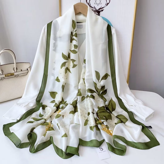 Bufanda de seda, 90 cm x 180 cm, flor del amor verdadero, verde, 100% seda