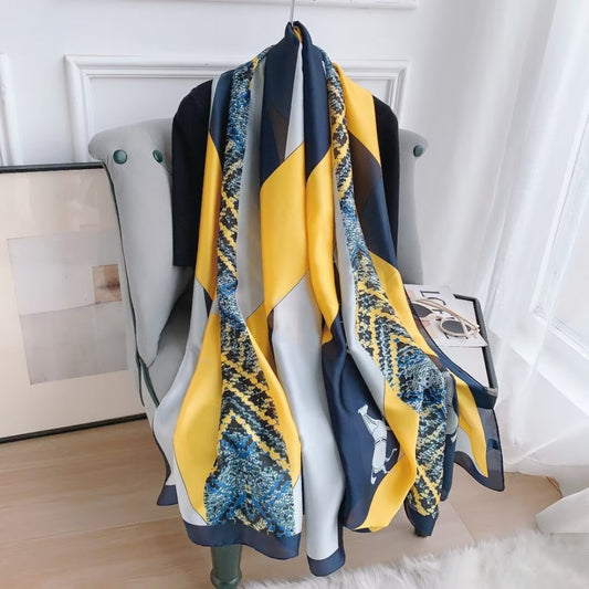 Bufanda de seda, 90 cm x 180 cm, caballo estiloso, amarillo, 100% seda