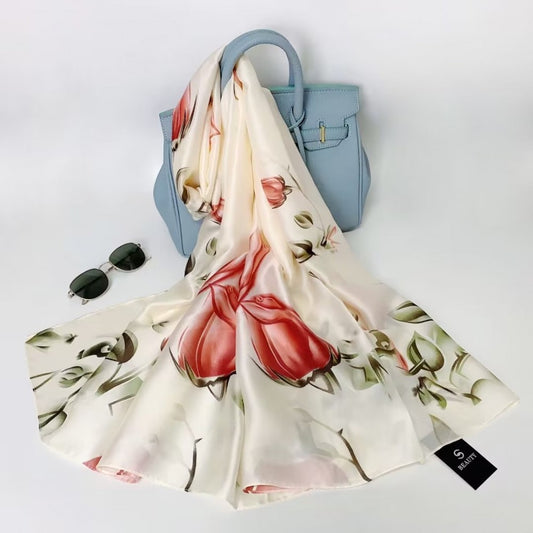 Bufanda de seda, 90 cm x 180 cm, rosas, color blanco, 100% seda