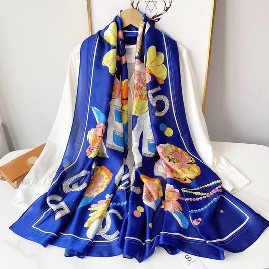 Bufanda de seda, 90 cm x 180 cm, armarios de mujeres, azul zafiro, 100% seda