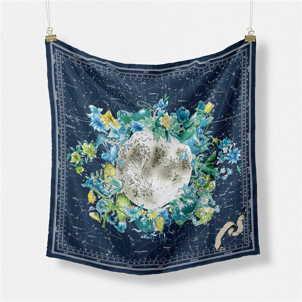 Bufanda de seda, 53 cm x 53 cm, mundo de flores, azul, 100% seda