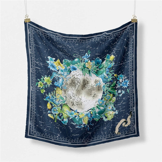 Bufanda de seda, 53 cm x 53 cm, mundo de flores, azul, 100% seda