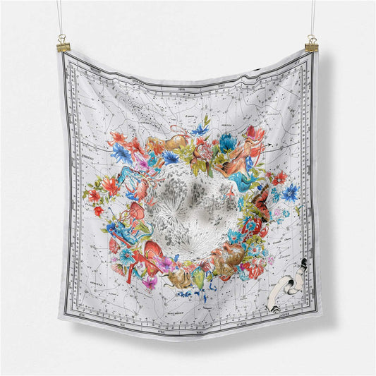 Bufanda de seda, 53 cm x 53 cm, mundo de flores, blanco, 100% seda
