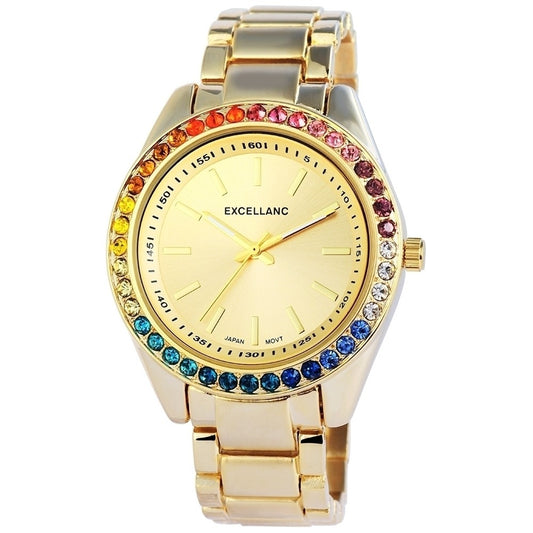 Reloj Excellanc para mujer con correa de metal, color dorado, movimiento de cuarzo de alta calidad, esfera dorada