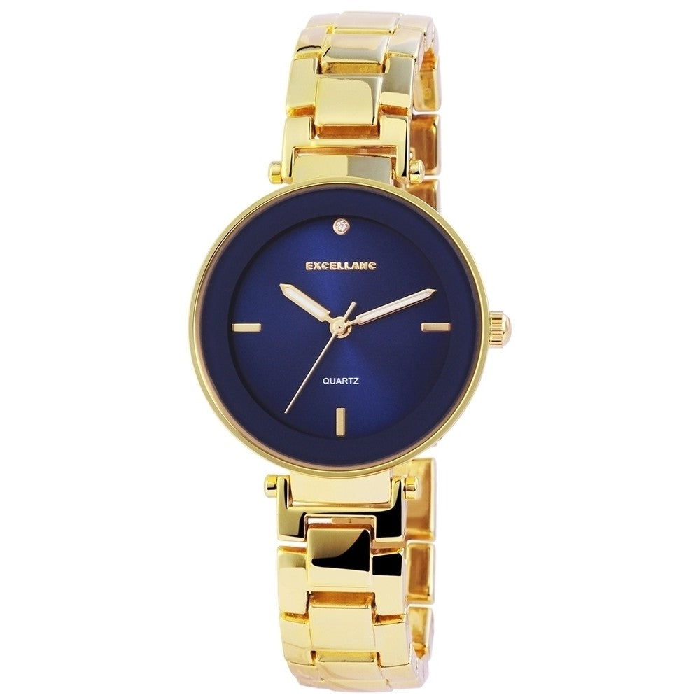 Reloj de pulsera para mujer Excellanc con correa de metal, de color dorado, estructura de cuarzo de alta calidad, dial azul 1 