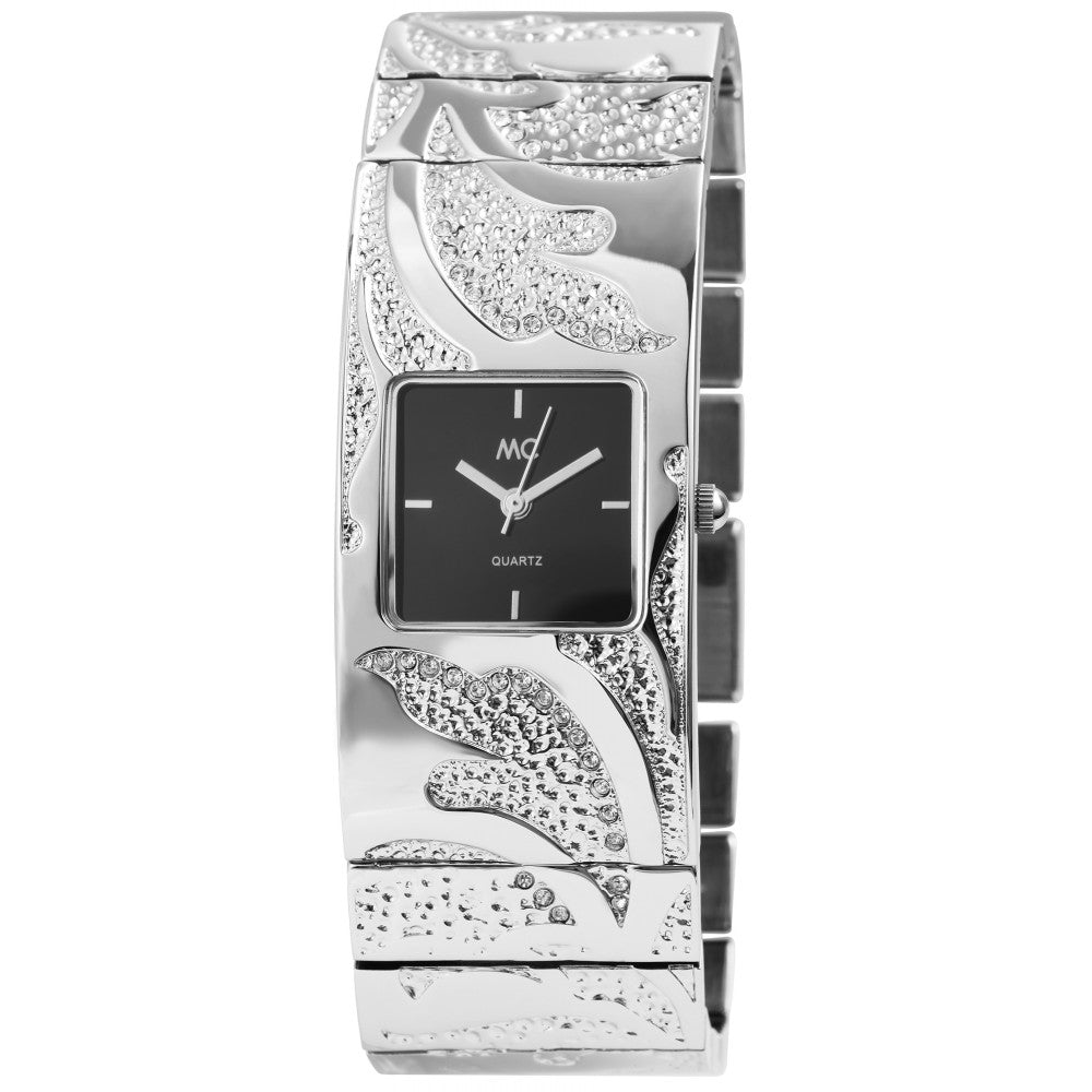 Reloj MC para mujer con correa de metal, color plateado, movimiento de cuarzo de alta calidad, color de esfera negra