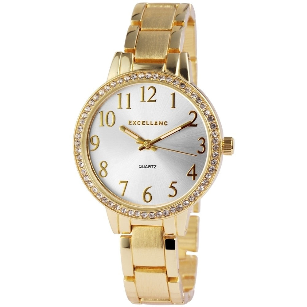Reloj Excellanc para mujer con correa de metal, color dorado, movimiento de cuarzo de alta calidad, esfera plateada