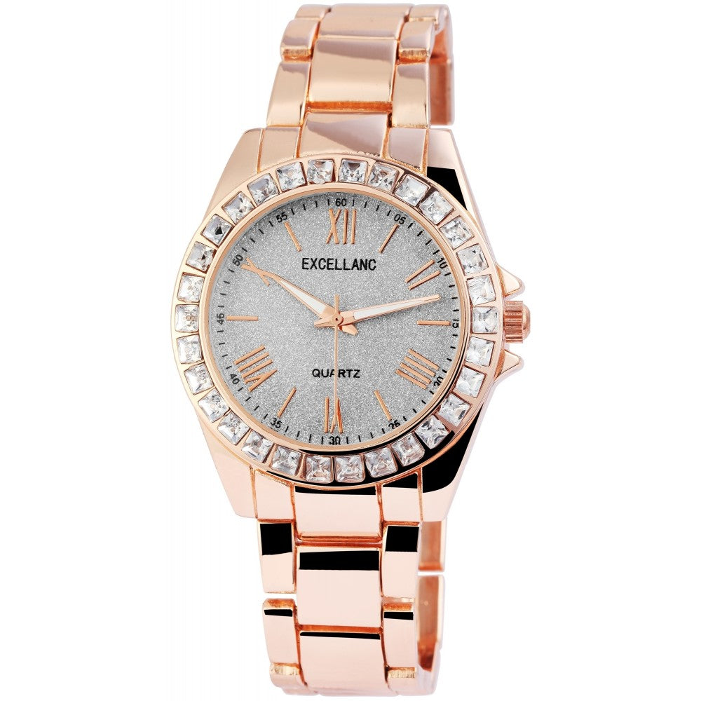 Reloj Excellanc para mujer con correa de metal EX0492, color oro rosa, esfera en color gris