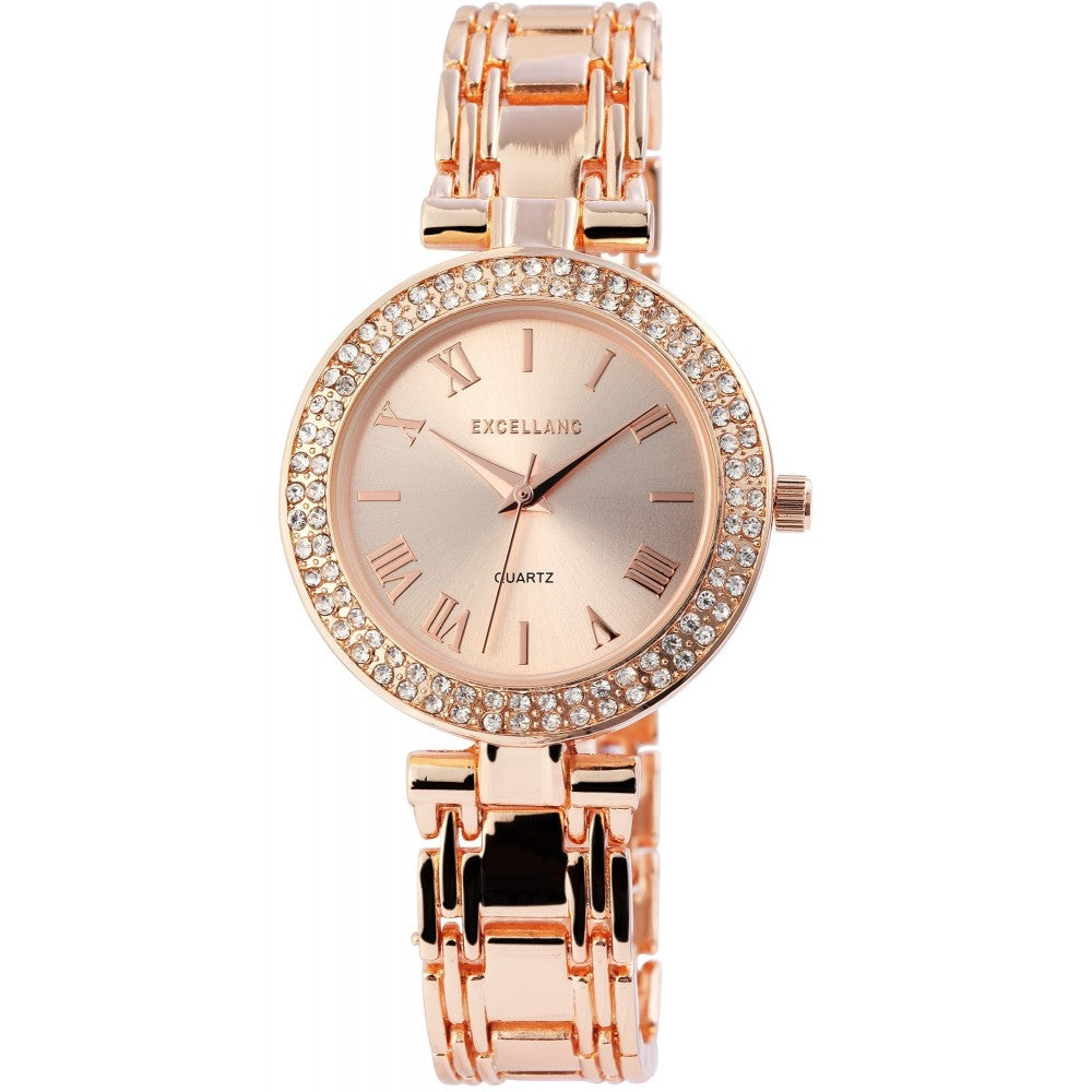 Reloj de pulsera de mujer Excellanc,con correa de metal, color oro rosa, estructura de cuarzo japonés, dial oro rosa