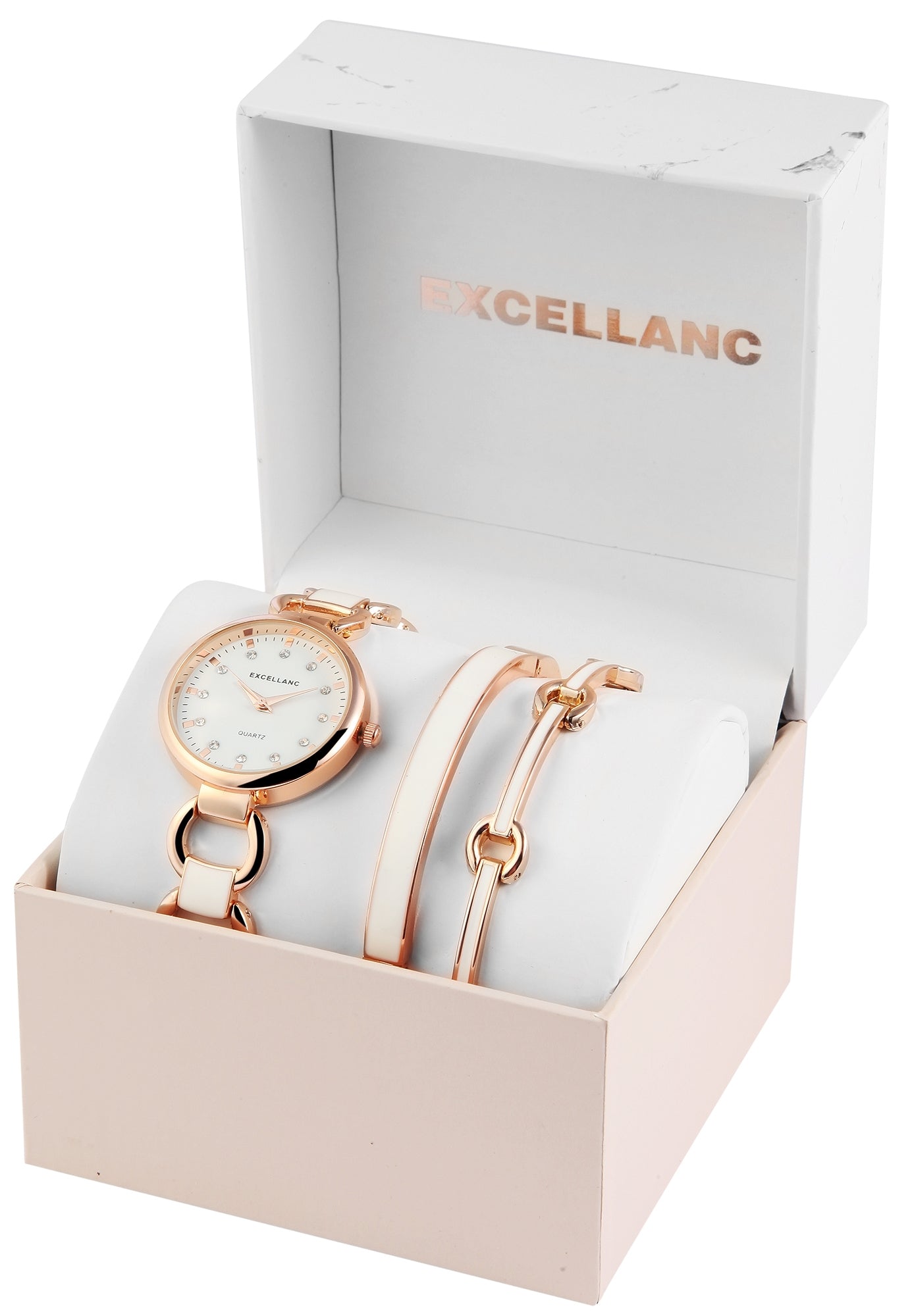 Reloj Excellanc para mujer con 2 brazaletes EX0429, color oro rosa, movimiento de cuarzo de alta calidad, color de esfera blanca