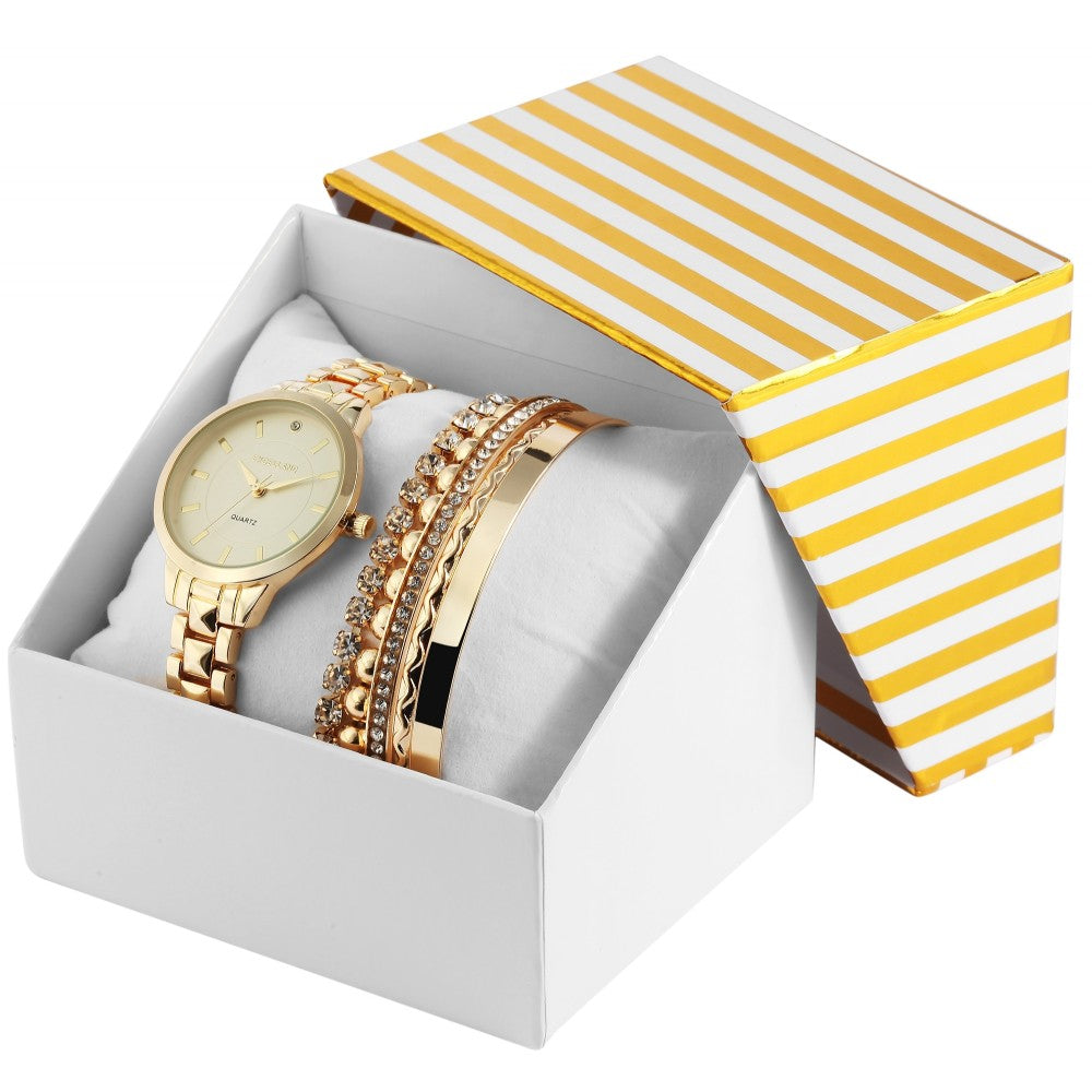 Estuche de regalo de reloj Excellanc: reloj para mujer + 2 pulseras, tono dorado EX0423, color dorado, movimiento de cuarzo de alta calidad, color de esfera amarilla