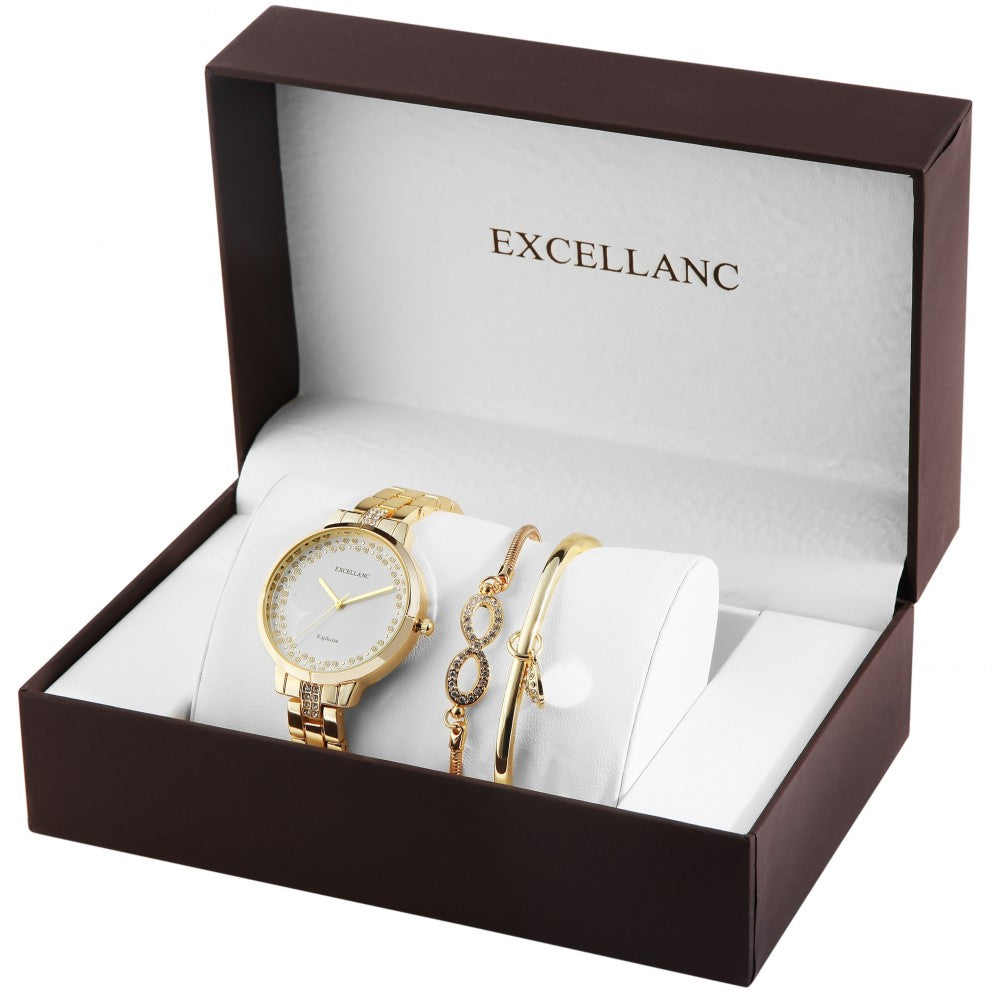 Estuche de regalo de reloj Excellanc: reloj para mujer + 2 pulseras, tono dorado, color dorado, movimiento de cuarzo de alta calidad, color de esfera blanca