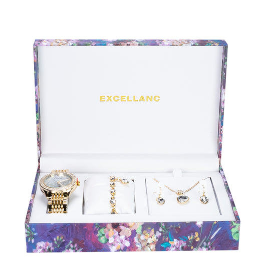 Juego de reloj de regalo para mujer Excellanc con pulsera y collar con cristales Emporia blancos en forma de corazón, tono dorado