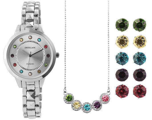 Juego de reloj de regalo para mujer Excellanc con 5 pares de aretes y 1 collar con cristales Emporia® multicolor, tono plateado