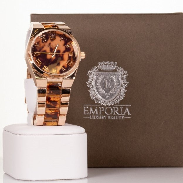 Reloj de aleación para mujer de color oro rosa,  con rayas de tigre y esfera con números romanos