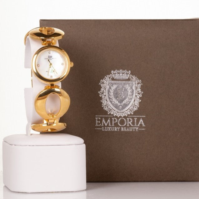 Reloj de aleación para mujer AW Color oro con correa de símbolo sin fin y 4 cristales de cuarzo 2 