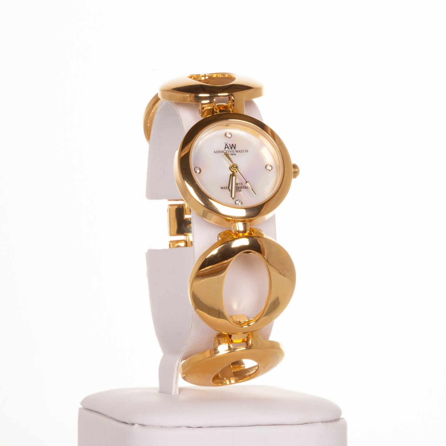 Reloj de aleación para mujer AW Color oro con correa de símbolo sin fin y 4 cristales de cuarzo