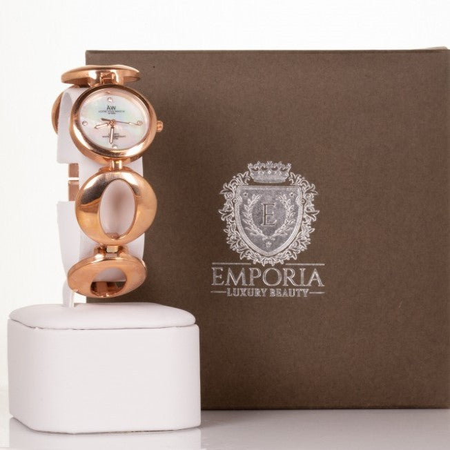 Reloj de aleación para mujer AW color oro rosa con correa de símbolo sin fin y 4 cristales de cuarzo
