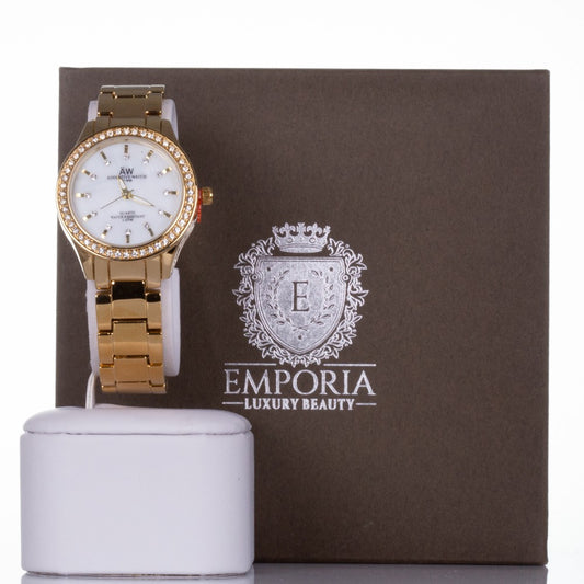 Reloj de aleación  bañado en oro AW para mujer con cristales de cuarzo con caja de regalo, 18 cm