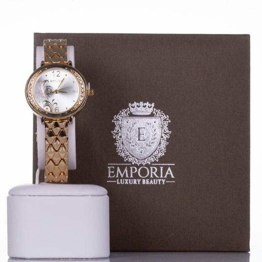 Reloj SKYLINE de aleación Bañado en oro para mujer con esfera de flores y cristales de cuarzo con caja de regalo