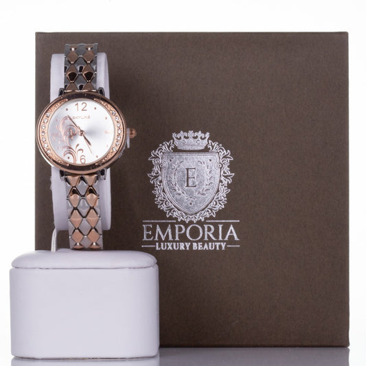 Reloj SKYLINE de aleación bañada en plata y oro rosa para mujer con esfera de flores y cristales de cuarzo con Estuche regalo