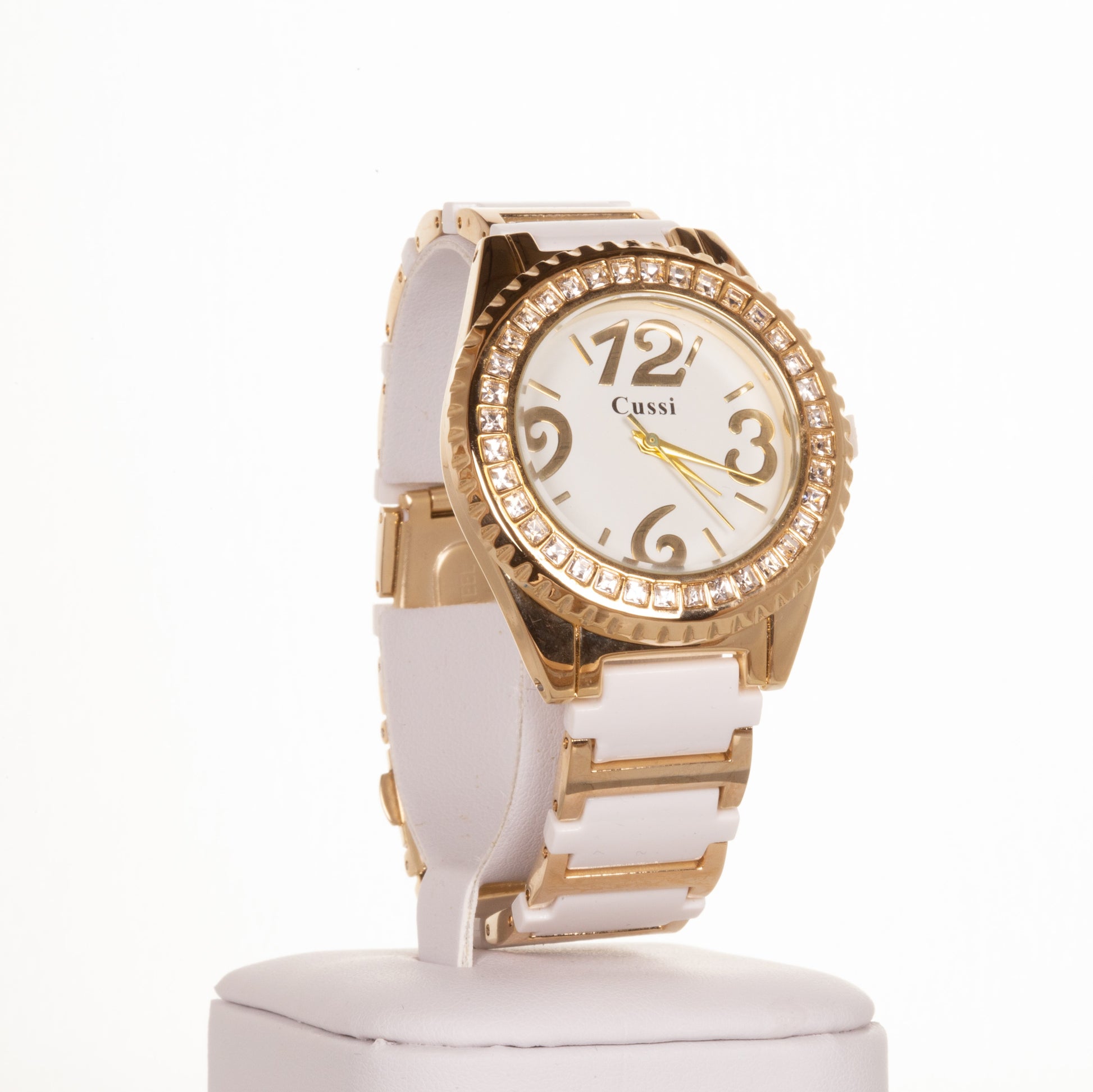 Reloj CUSSI de aleación para mujer con correa de color blanco y oro con cristales de cuarzo alrededor de la esfera 1 