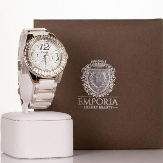 CUSSI Reloj de aleación para mujer con correa de color plateado y blanco y cristales de cuarzo alrededor de la esfera