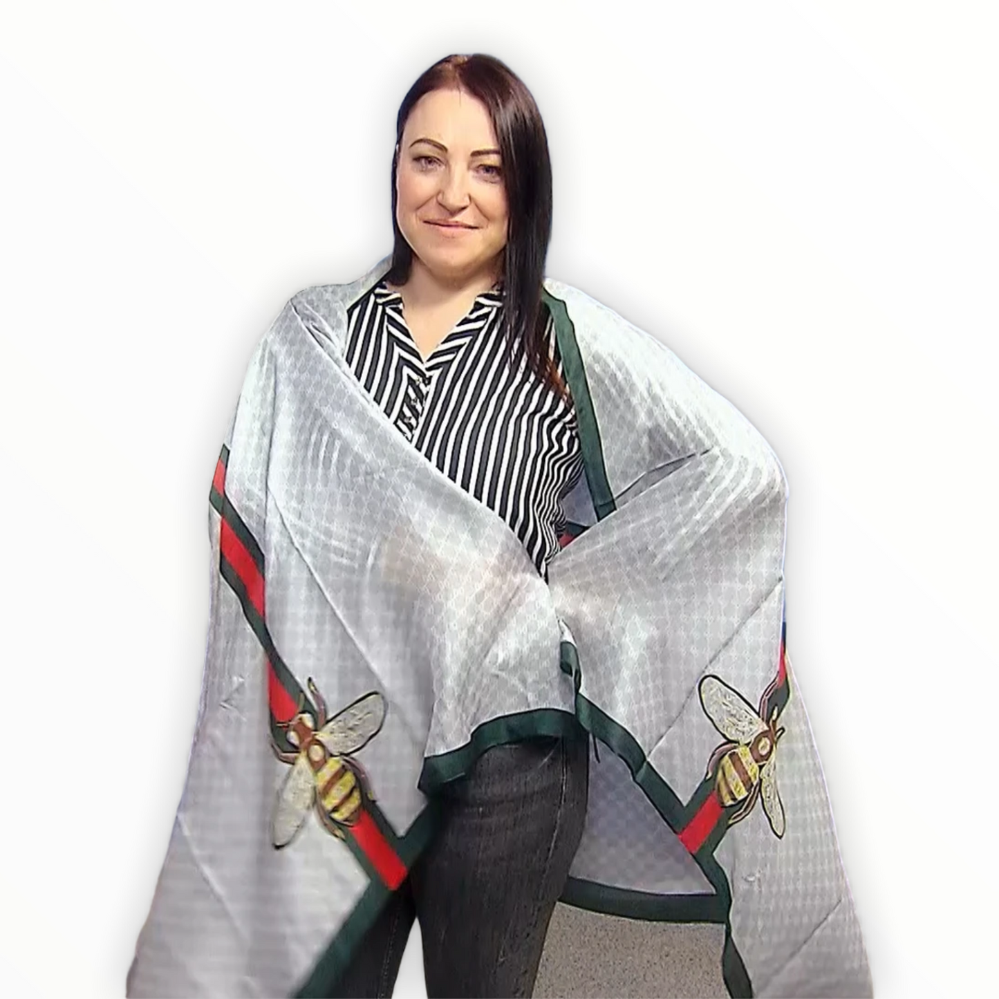 Bufanda-Mantón de Seda, 90 cm x 180 cm, Abeja de Moda con Borde, Gris Plata