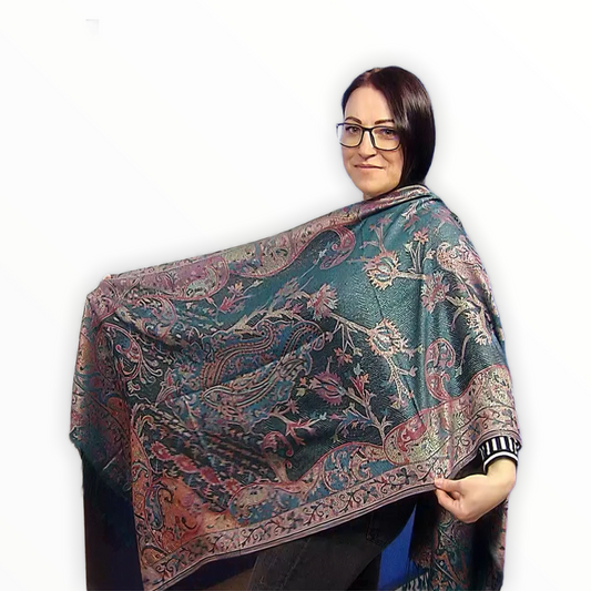 Bufanda de cachemira 100%  Pashmina auténtica, 70 cm x 180 cm, paisley verde azulado, brillante