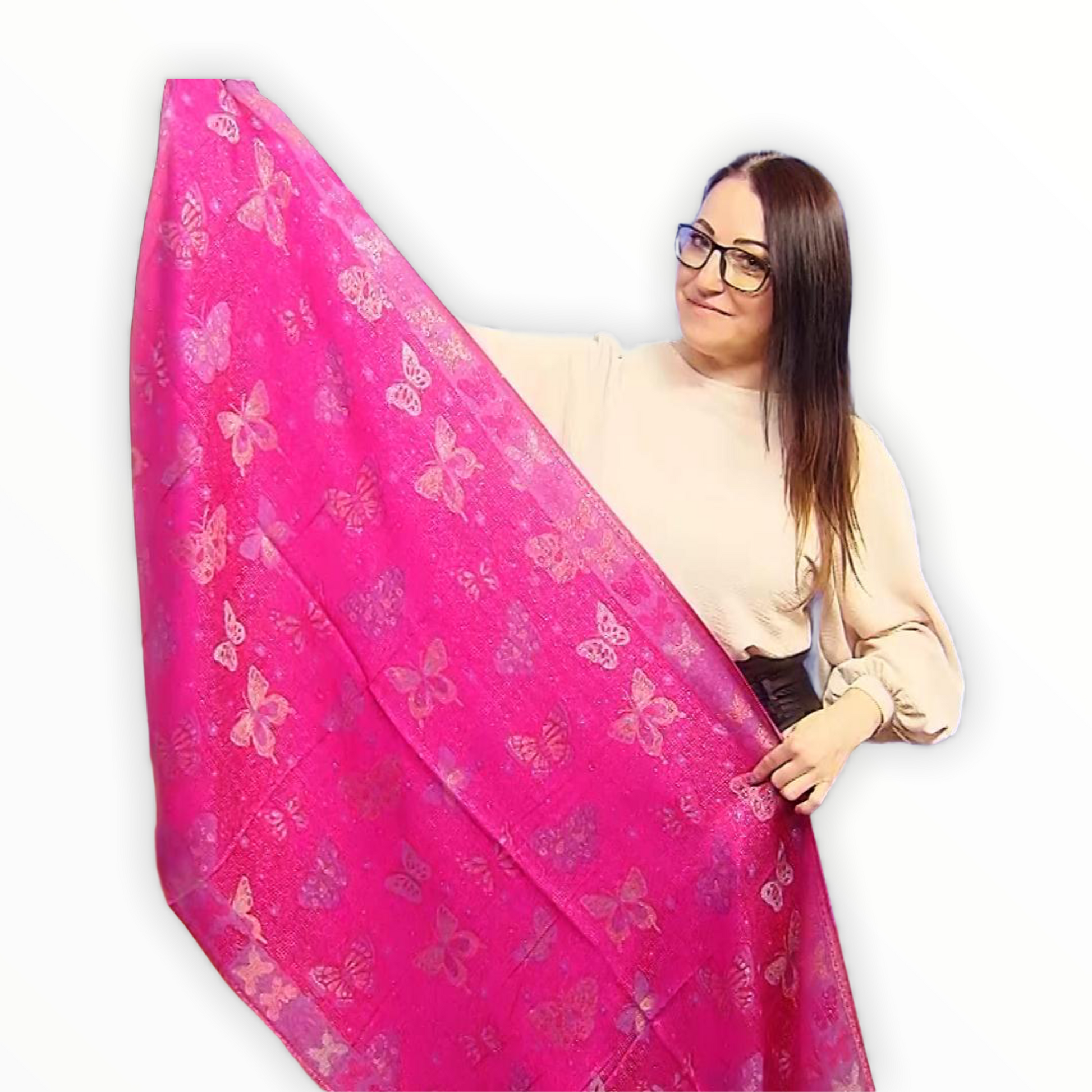 Bufanda de cachemira 100% pashmina auténtica, 70 cm x 170 cm, estampado de mariposas rosa fucsia brillante 1 