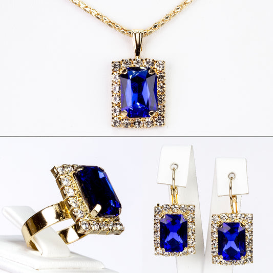 Conjunto de Aleación Bañado en Oro con Cristal Emporia® Azul y Cristal Emporia® Blanco ( Collar +Pendientes +Colgante )