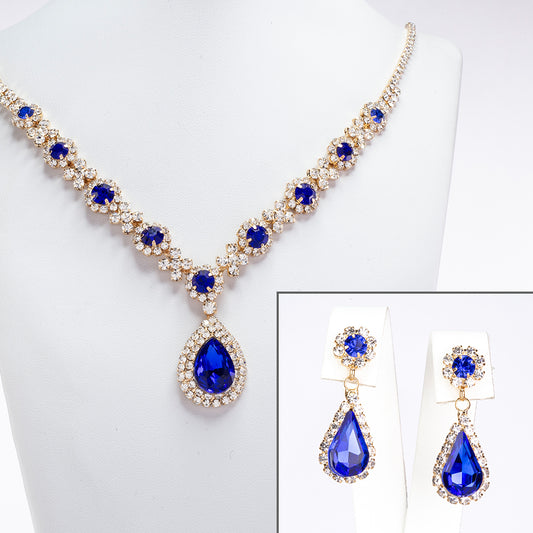 Conjunto de Aleación Bañado en Oro con Cristal Emporia® Azul y Cristal Emporia® Blanco (Collar +Pendientes )