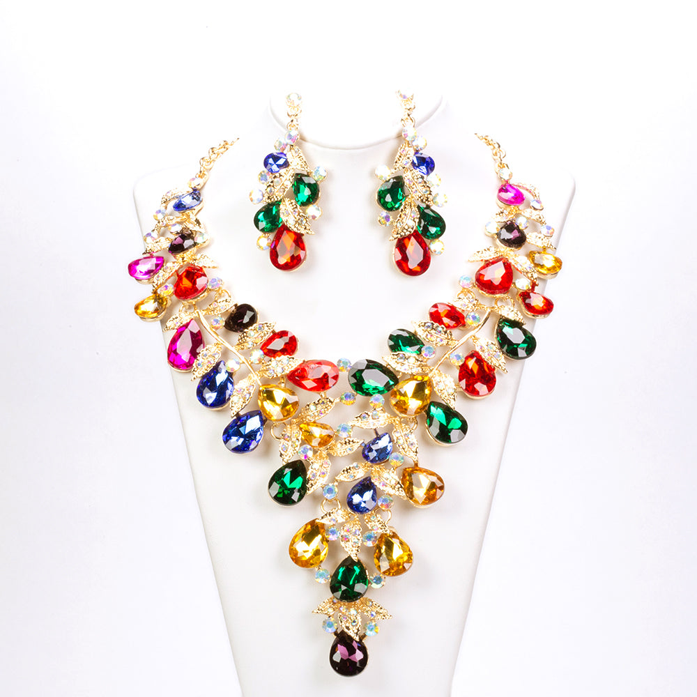 Conjunto de Aleación Bañado en Oro con Cristal Emporia® Multicolor ( Collar +Pendientes )