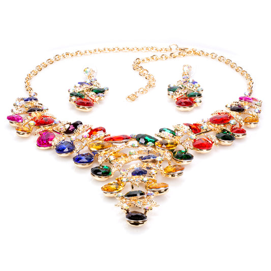 Conjunto de Aleación Bañado en Oro con Cristal Emporia® Multicolor (Collar +Pendientes )