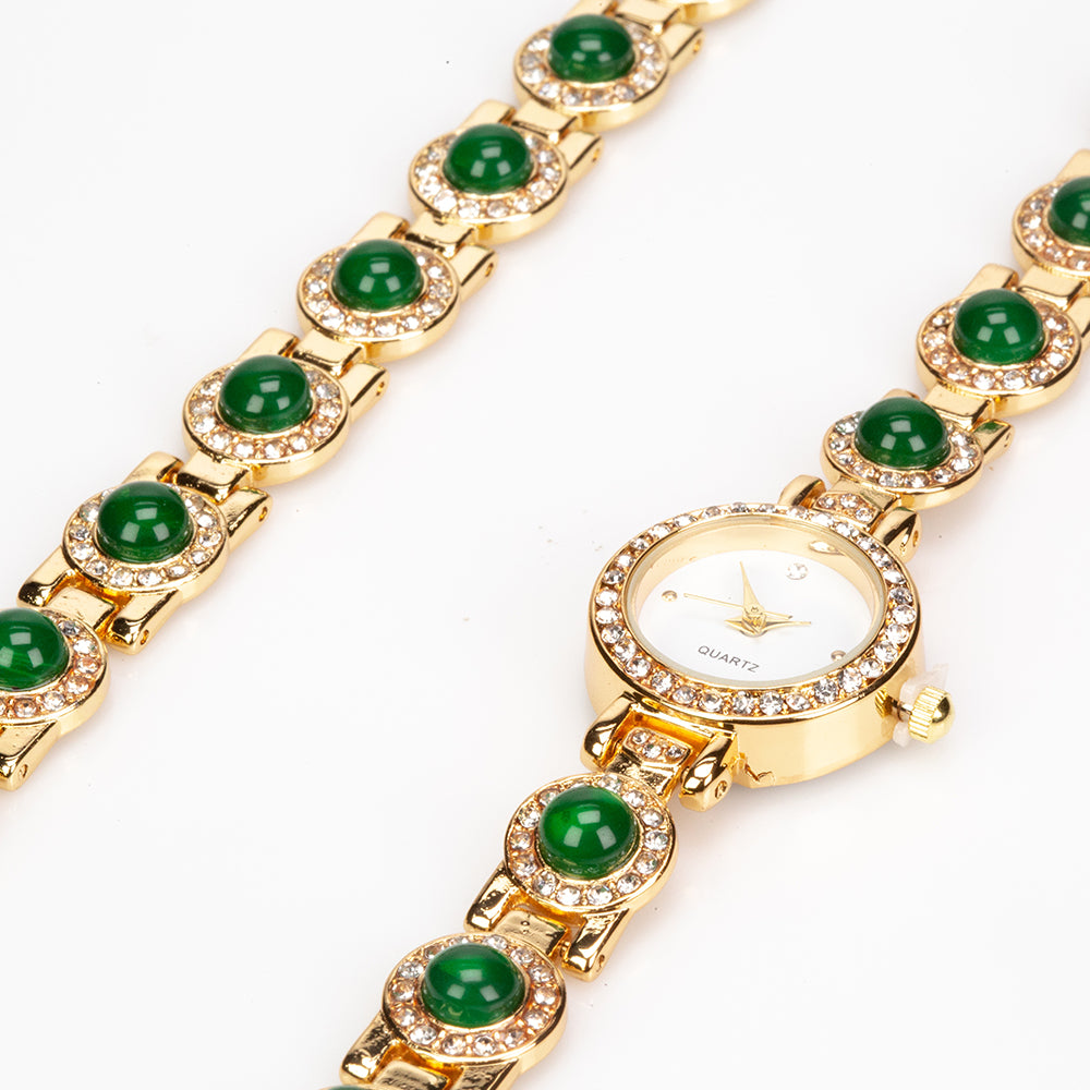 Conjunto de Aleación Bañado en Oro con Jadeíta verde del Río Marsden y Cristal Emporia® Blanco ( Pulsera )