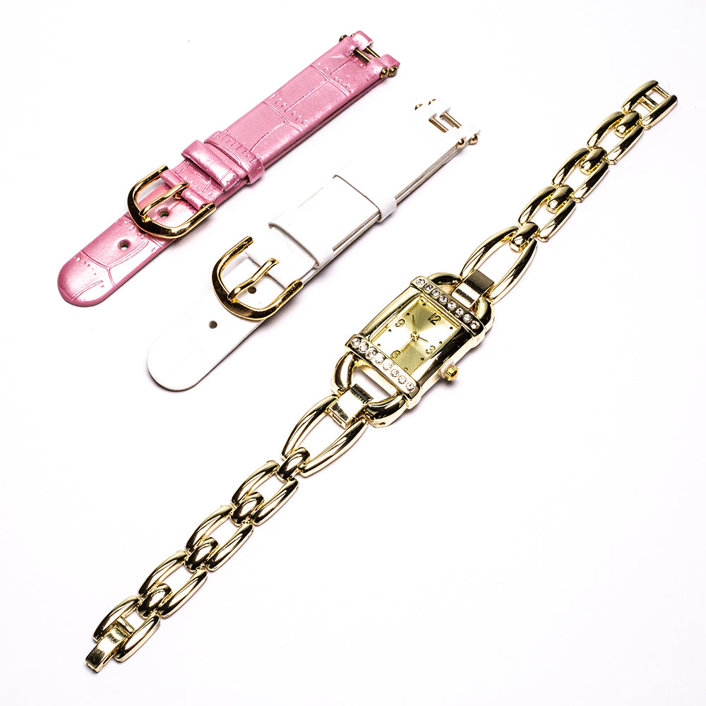 Juego de 3 piezas de reloj de cuarzo de aleación en tono dorado, correas intercambiables de cuero ecológico en rosa flamenco y correas intercambiables de cuero ecológico en blanco con cristal Emporia blanco, esfera blanca, 20,5 cm