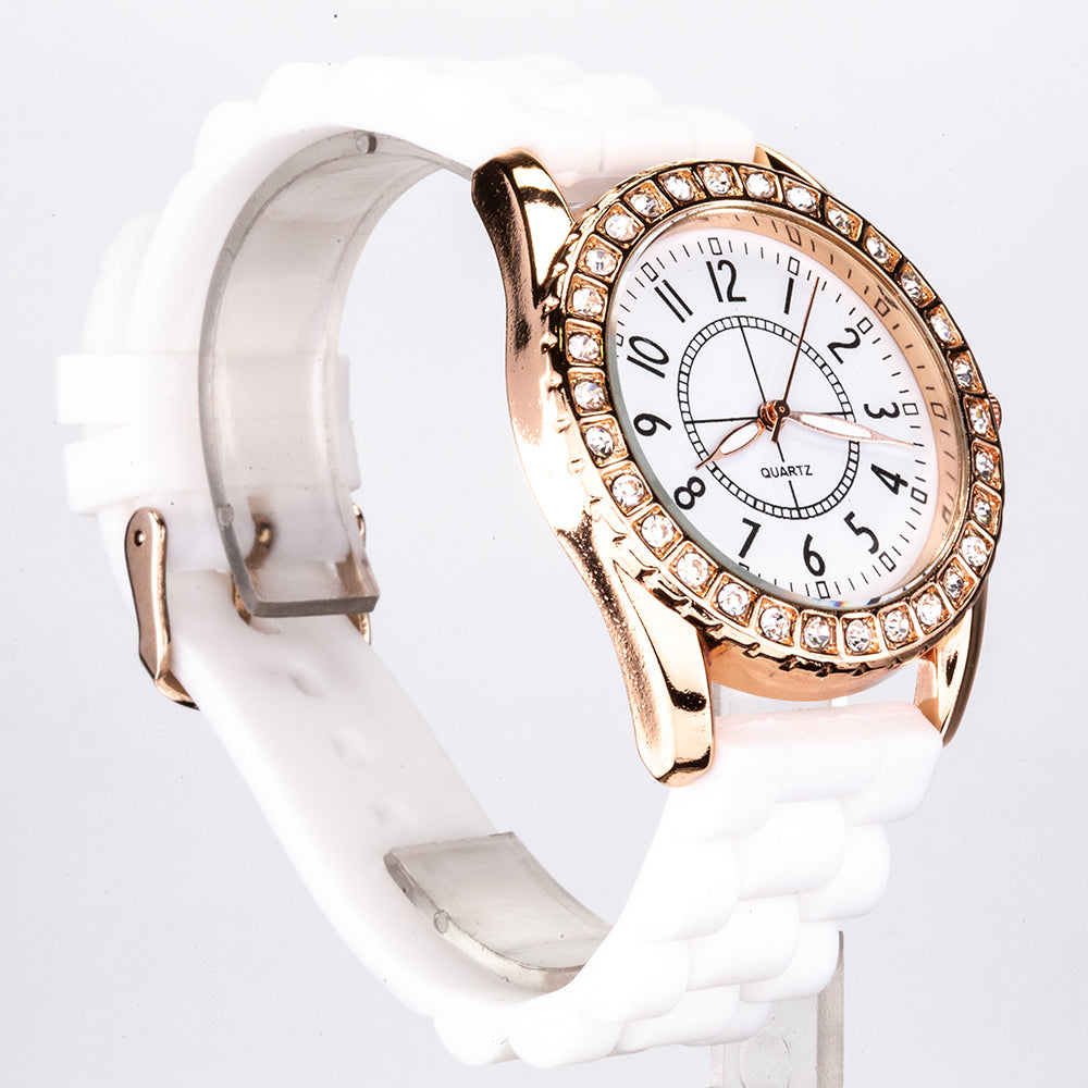 Reloj de Pulsera para Mujer con Correa de Silicona Blanca y Esfera en Tono Oro Rosa