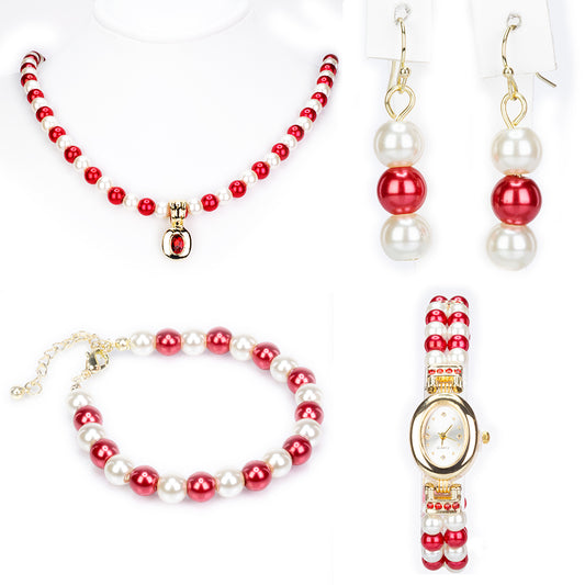 Conjunto de Aleación Bañado en Oro con Perla Blanca y Cristal Emporia® Rojo ( Collar +Pendientes +Pulsera )