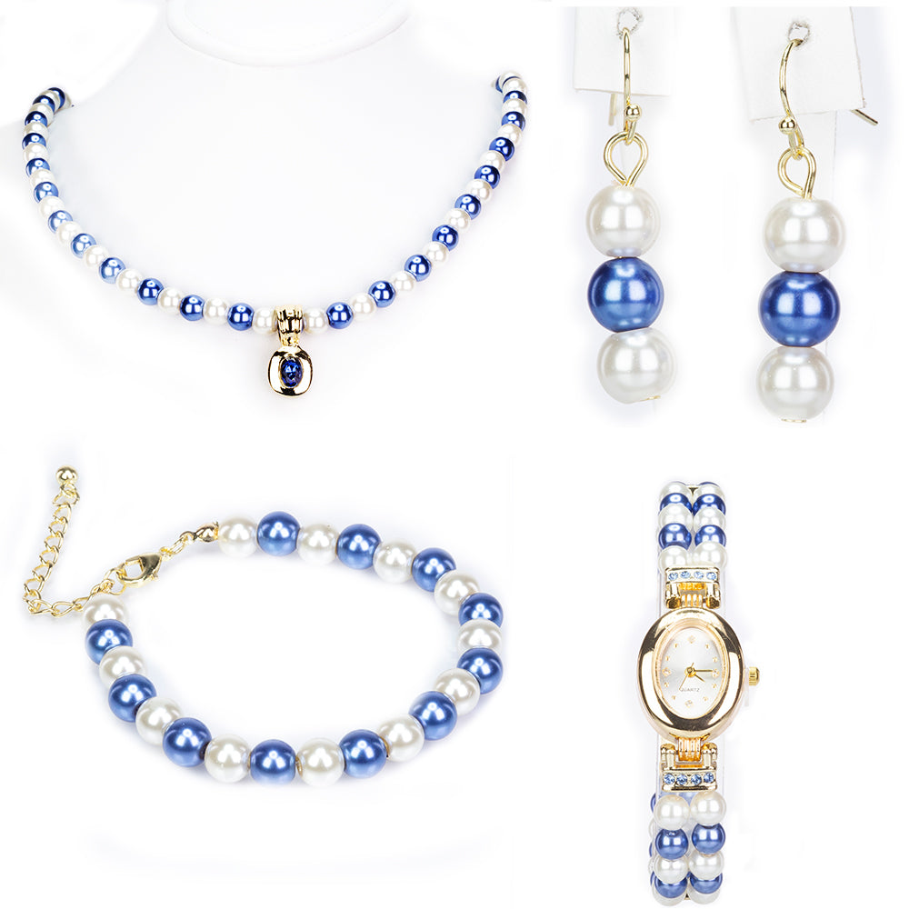 Conjunto de Aleación Bañado en Oro con Perla Blanca y Cristal Emporia® Azul ( Collar +Pendientes +Pulsera ) 1 