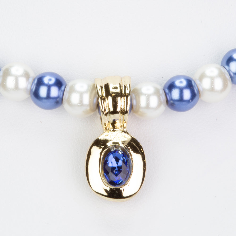 Conjunto de Aleación Bañado en Oro con Perla Blanca y Cristal Emporia® Azul ( Collar +Pendientes +Pulsera )