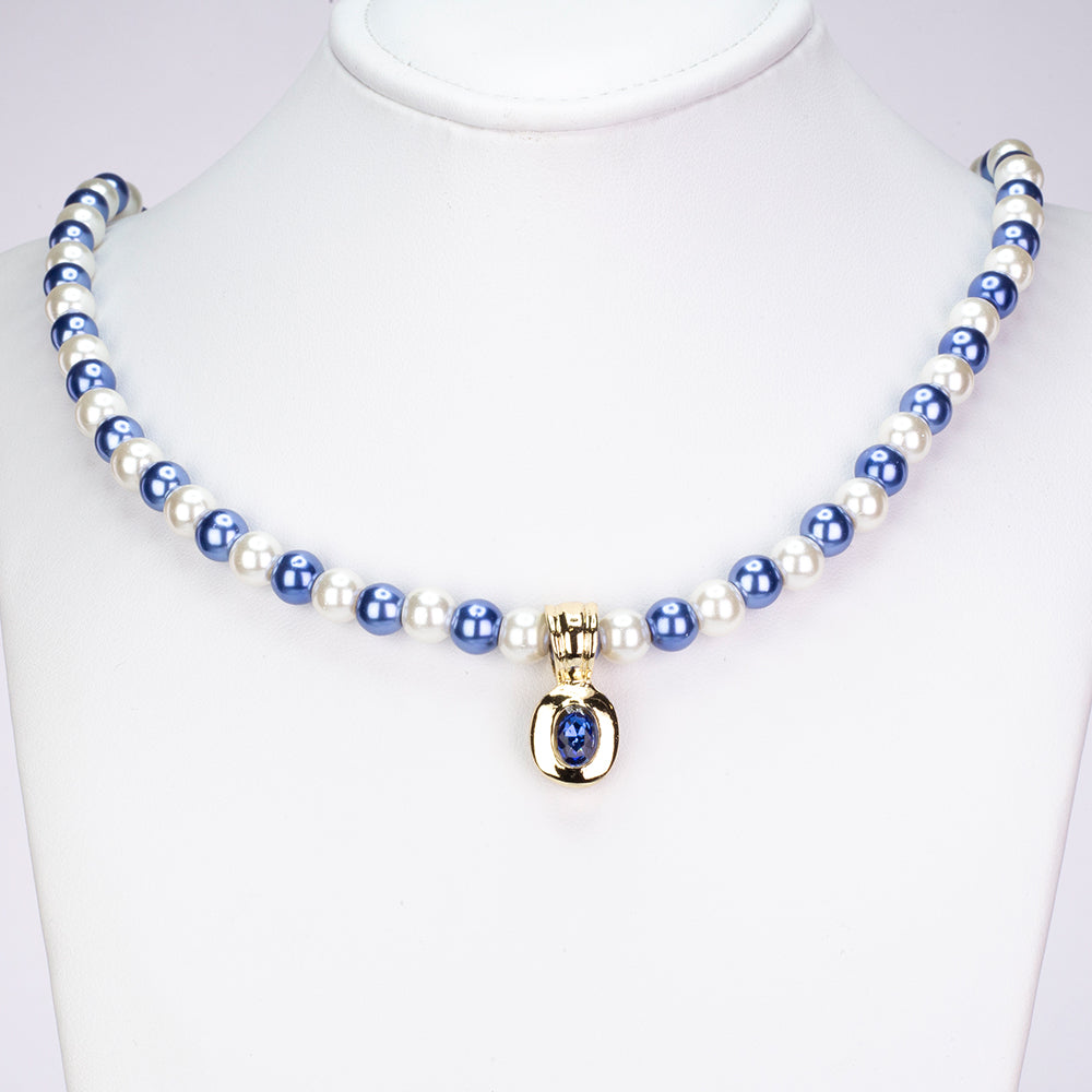 Conjunto de Aleación Bañado en Oro con Perla Blanca y Cristal Emporia® Azul ( Collar +Pendientes +Pulsera ) 9 