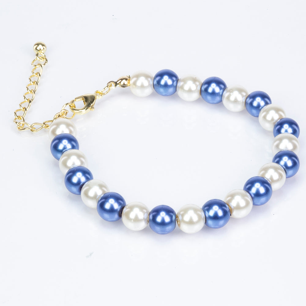 Conjunto de Aleación Bañado en Oro con Perla Blanca y Cristal Emporia® Azul ( Collar +Pendientes +Pulsera ) 10 