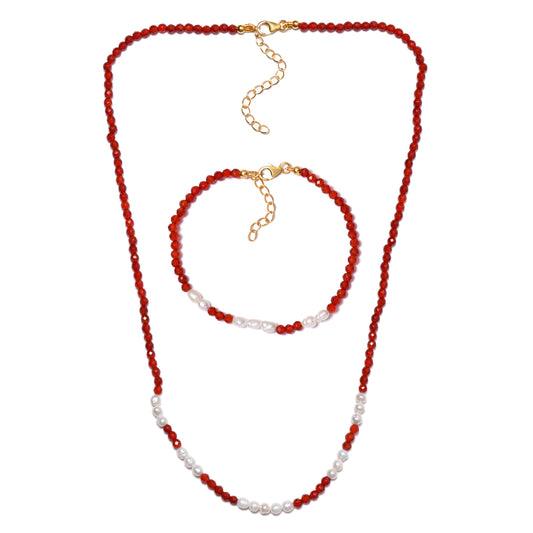Conjunto de Plata Bañada en Oro con Ónice rojo y Perla blanca de agua dulce