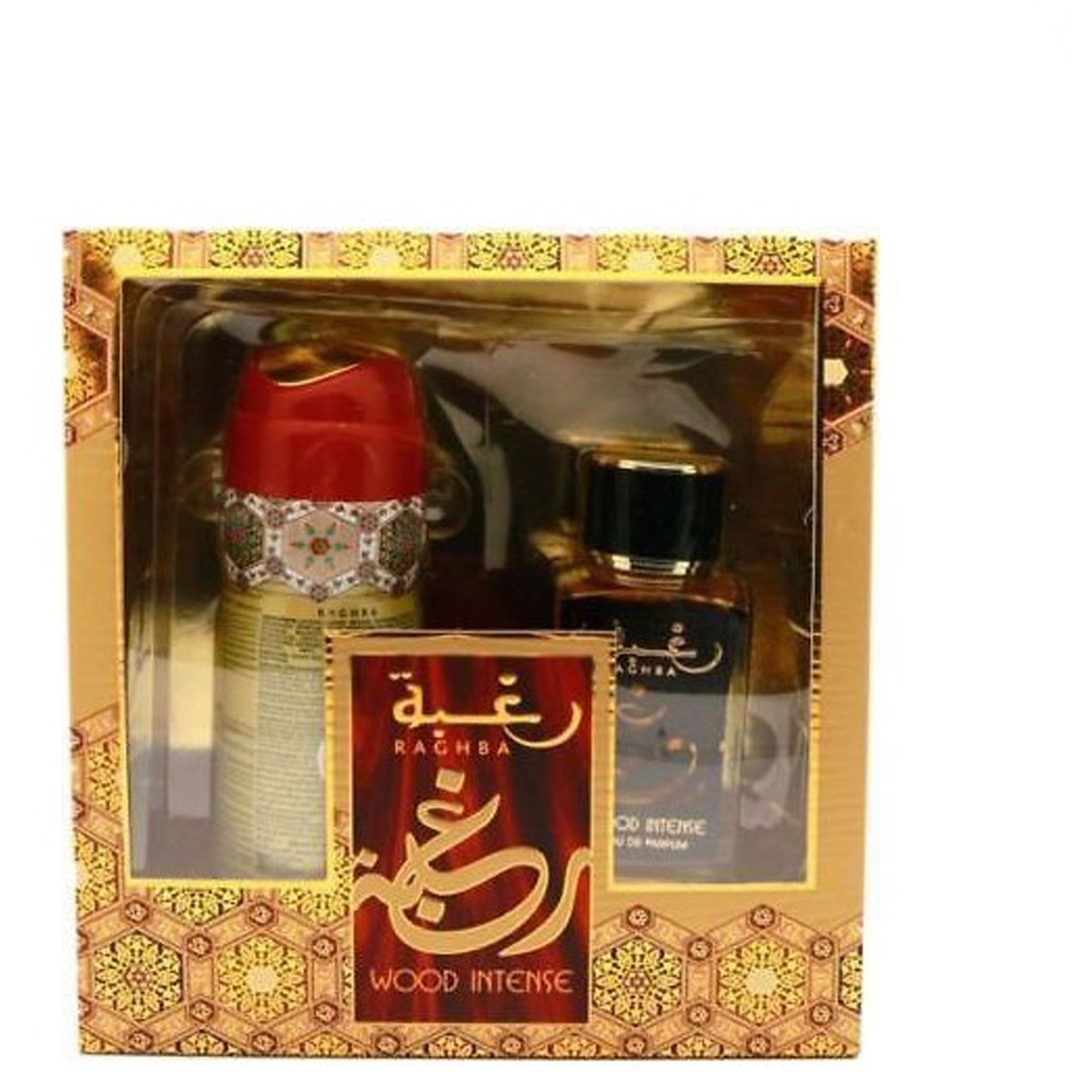100 ml Eau de Perfume Raghba Wood Intense + 200 ml Deo Gift Set Intense Dulce Fragancia Oriental para Hombres