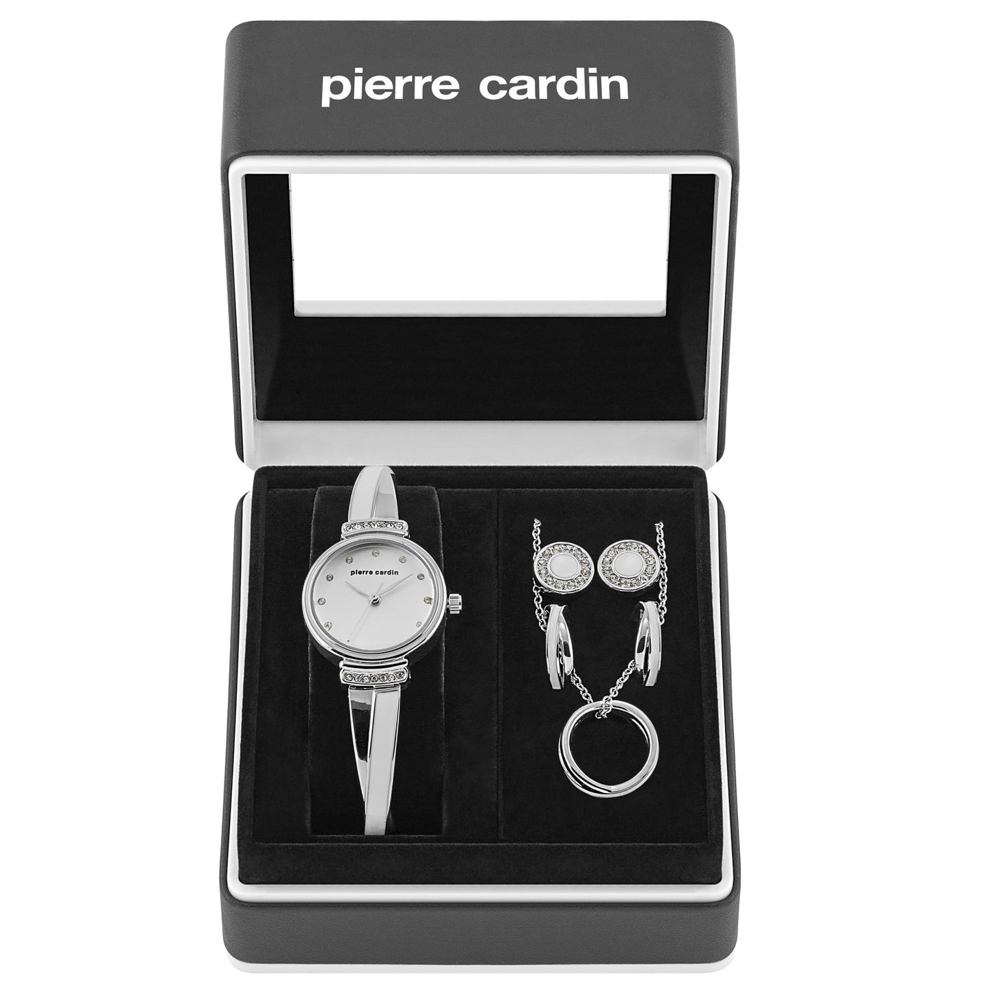 Juego de 4 piezas de reloj Pierre Cardin, 2 pares de pendientes y collar