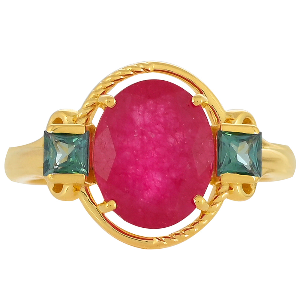 Anillo de Plata Bañada en Oro con Cuarzo Rosa y Topacio Verde Helecho