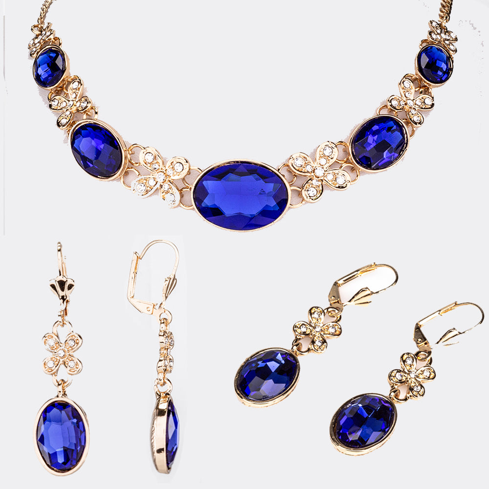 Conjunto de Joyas enchapadas en Oro con Cristal Emporia® Azul Marino y Cristal Emporia® Blanco (Collar + Pendientes)